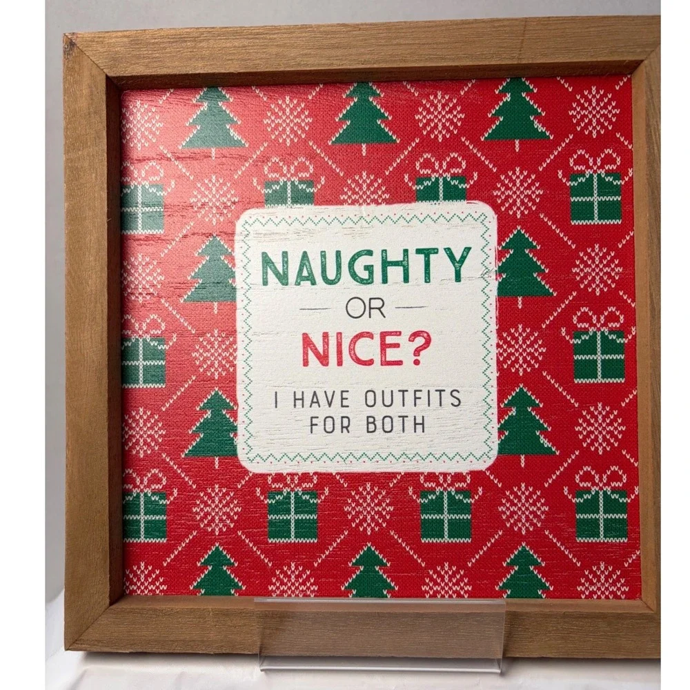 Naughty or Nice Christmas Wood Easel Frame Sign Red Green Holiday Decor C23837